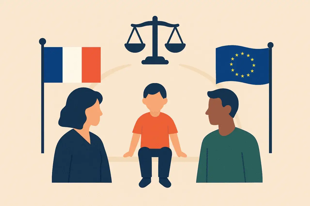 Balance de justice entre parents, drapeau fran&ccedil;ais et europ&eacute;en. La m&egrave;re a l'autorit&eacute; parentale exclusive.