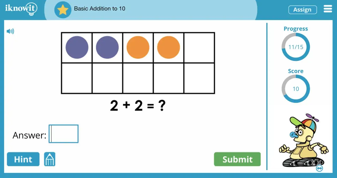 Dos c&iacute;rculos morados y dos naranjas en un tablero. La pregunta es 2 + 2 = ?. Ejercicio de sumas sin llevar.