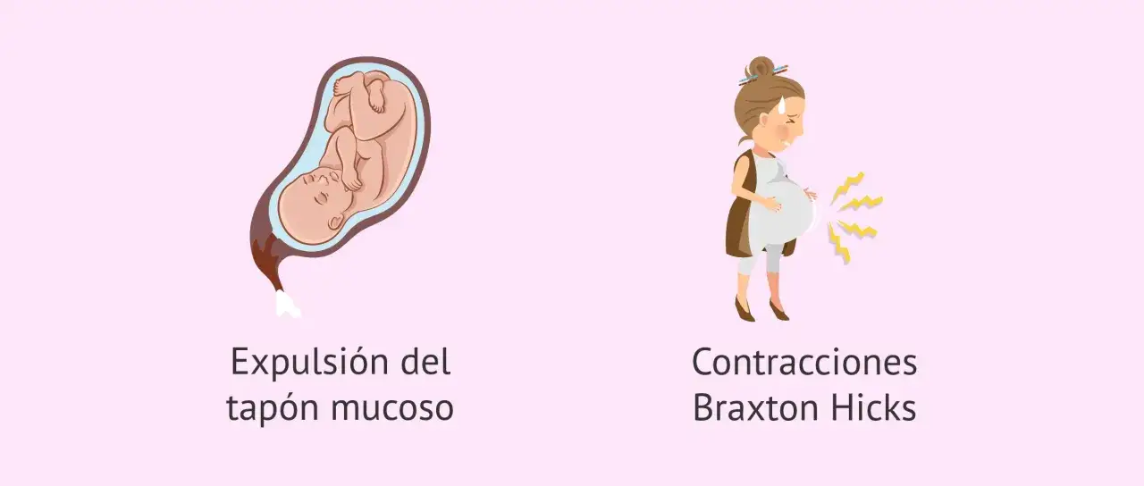 Beb&eacute; en &uacute;tero y mujer con contracciones. Se&ntilde;ales de que el tap&oacute;n mucoso se expulsa en semana 37.