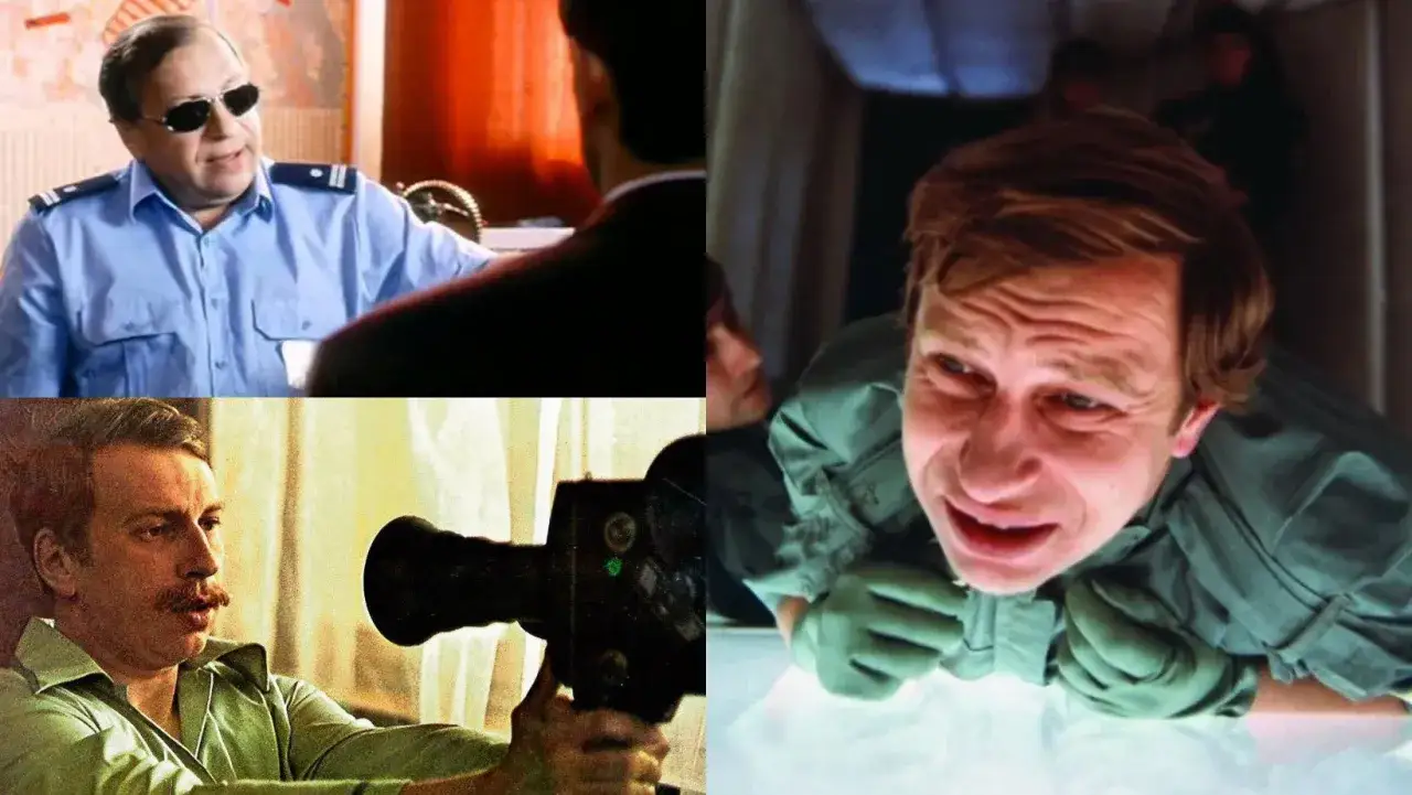 Jerzy Stuhr w filmach: w mundurze, z kamerą i w dramatycznej scenie.