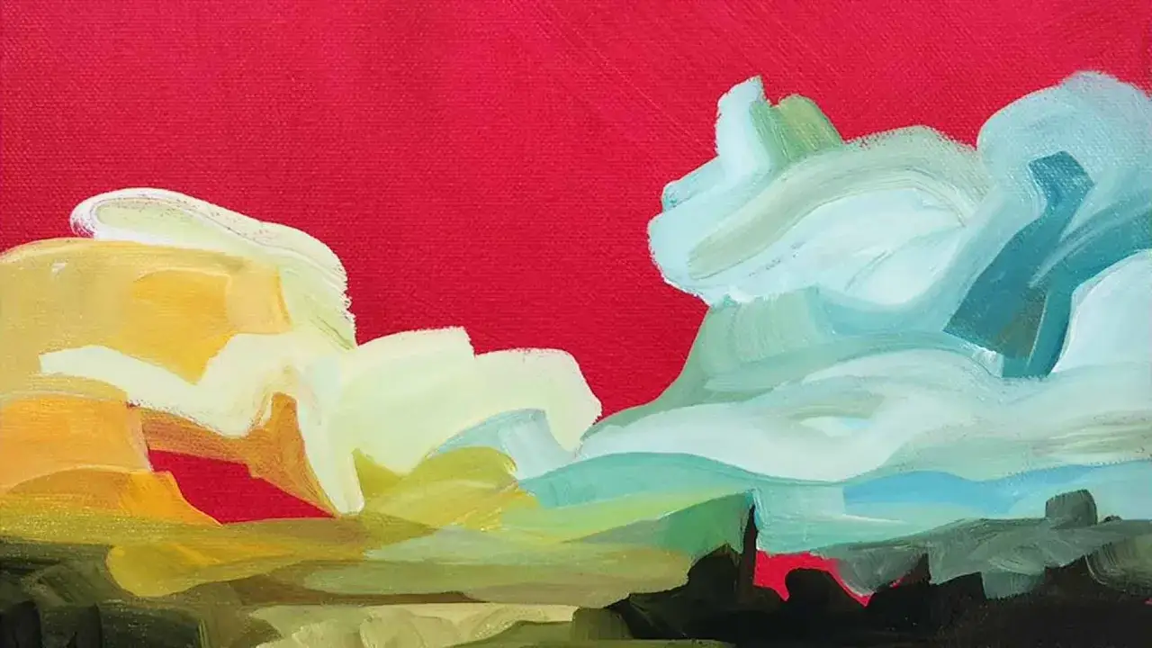 Nuages abstraits aux couleurs vives sur fond rouge, évoquant un repentir en peinture. Le paysage semble se transformer sous nos yeux.