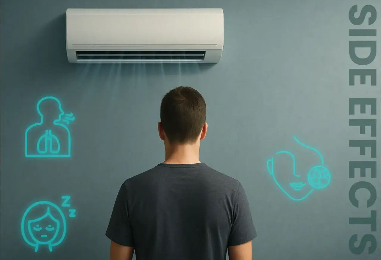 Un homme face à une climatisation, avec des icônes symbolisant des problèmes respiratoires, de sommeil et cutanés, illustrant les effets néfastes de la climatisation.