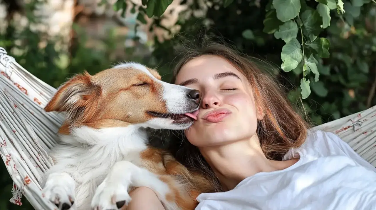 Un perro le lame la cara a su due&ntilde;a mientras ambos descansan en una hamaca. Es su forma de decir 