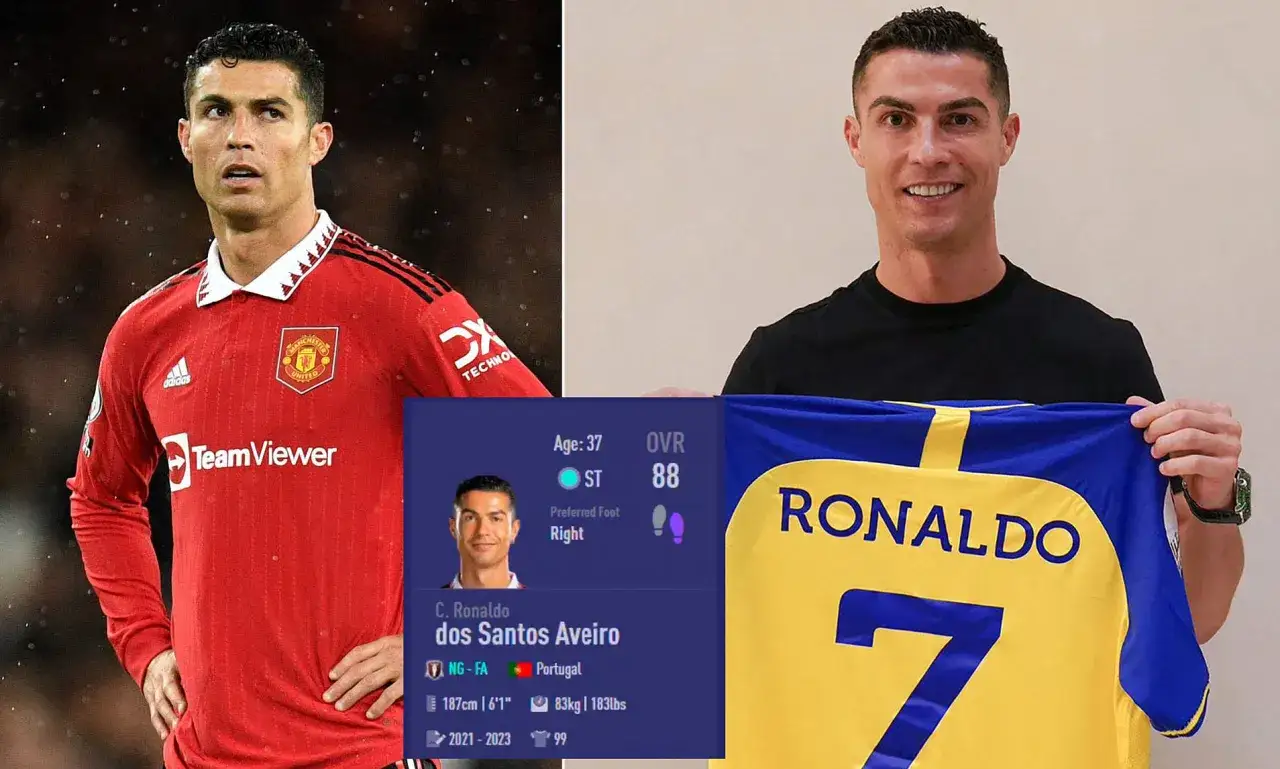 Cristiano Ronaldo w koszulce Manchester United i z nową koszulką Al Nassr, obok statystyk z gry, gdzie gra Ronaldo w FIFIE 23.