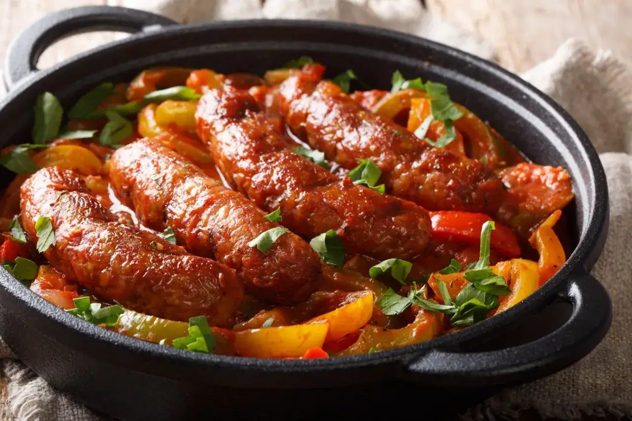 Pyszna kiełbasa z airfryer w sosie pomidorowym z papryką, posypana natką pietruszki.
