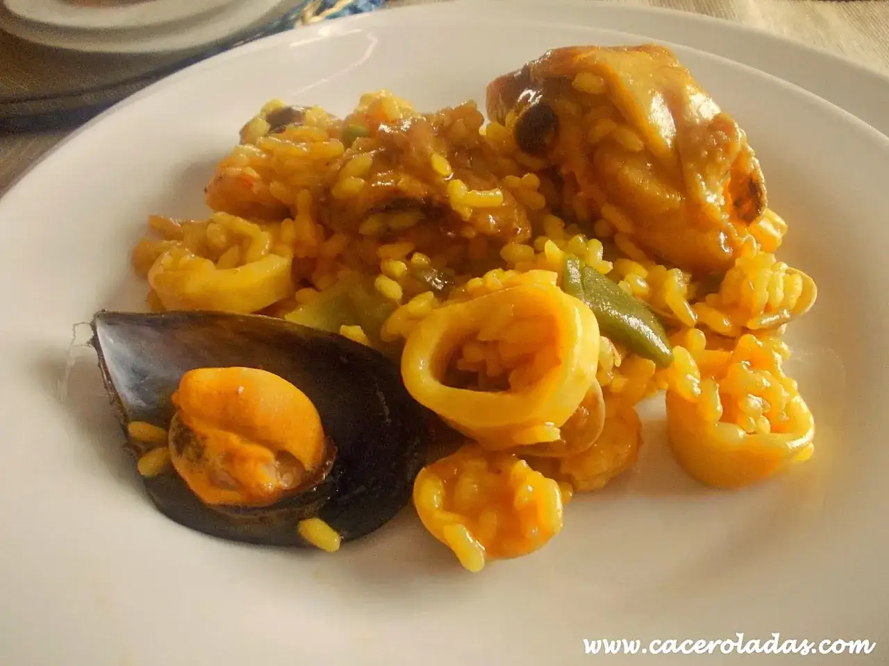 Deliciosa paella mixta con arroz, calamares, mejillones y trozos de pollo en un plato blanco.