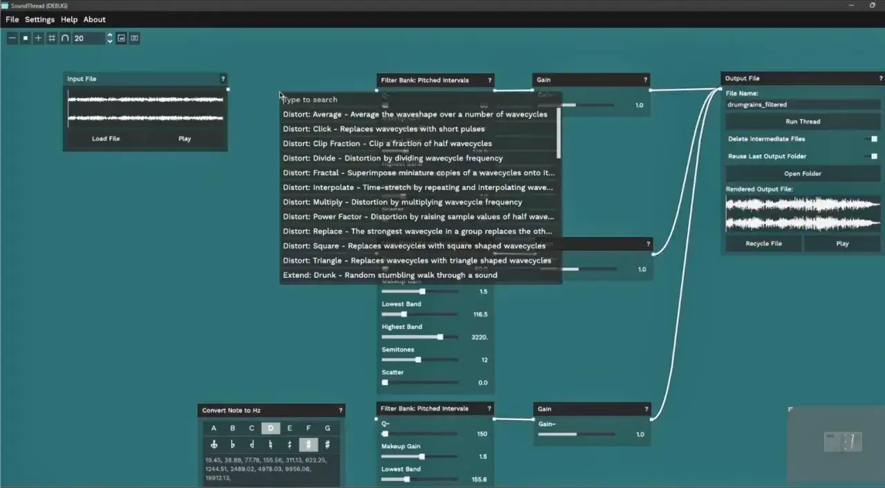 A digital audio workstation interface, possibly Aphex Twin software, showing wave editing and filter bank options.