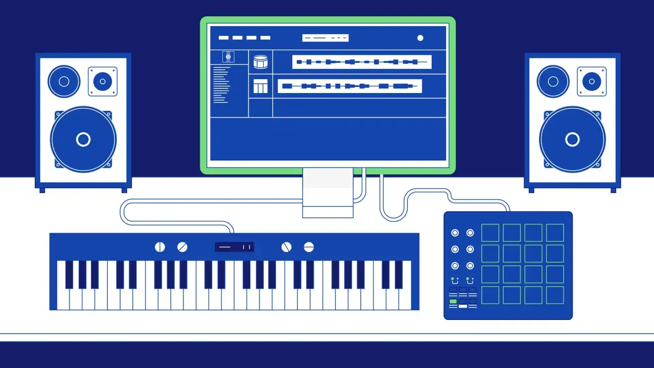 Studio de musique avec clavier, pad, écran et enceintes. On peut y créer des sons, comprendre que veut dire MIDI.