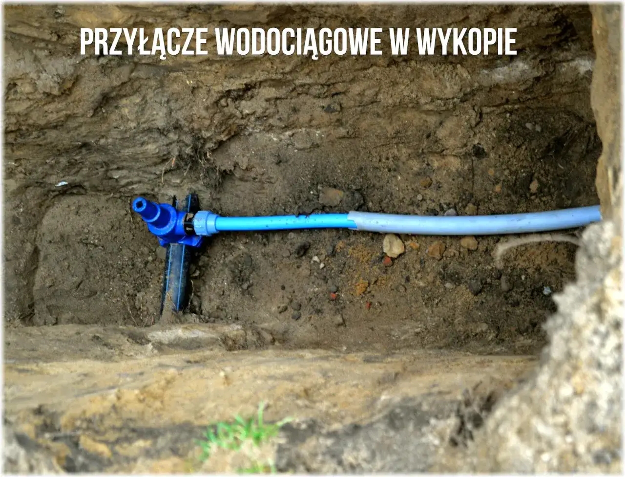 Wykonano przyłącze wody do działki bez domu. Widoczny niebieski zawór i rura w wykopie ziemnym.