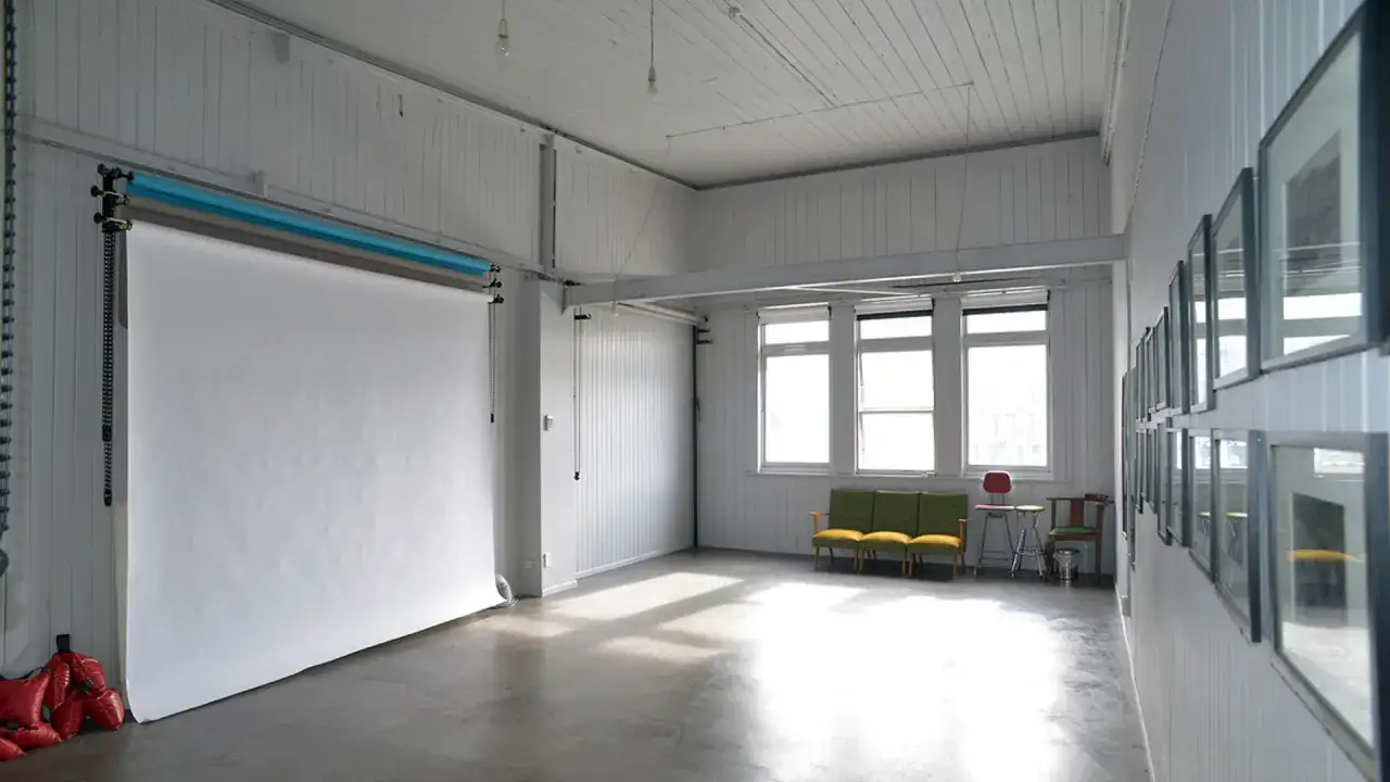 Jasne, przestronne domowe studio fotograficzne z białym tłem, kanapami i oknami.