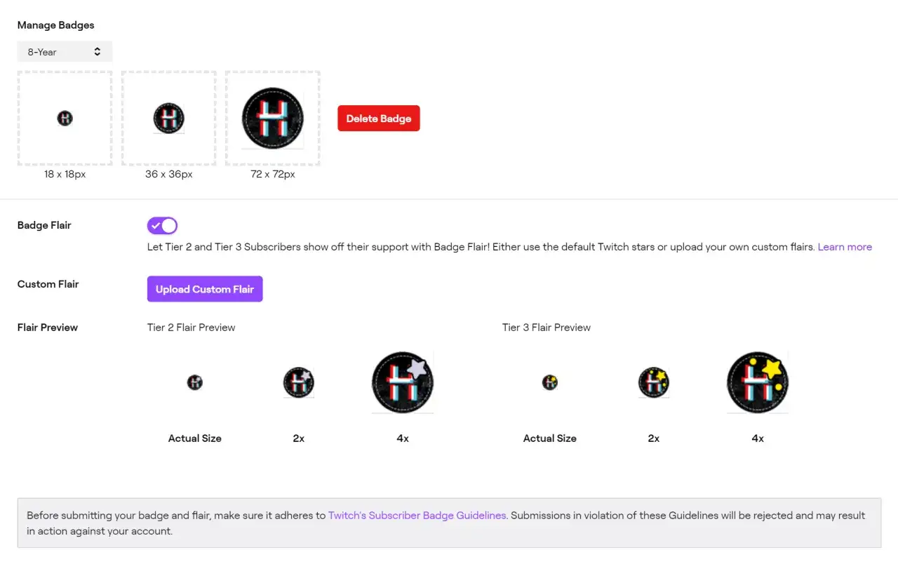 Twitch-Badges in verschiedenen Größen, mit der Option für