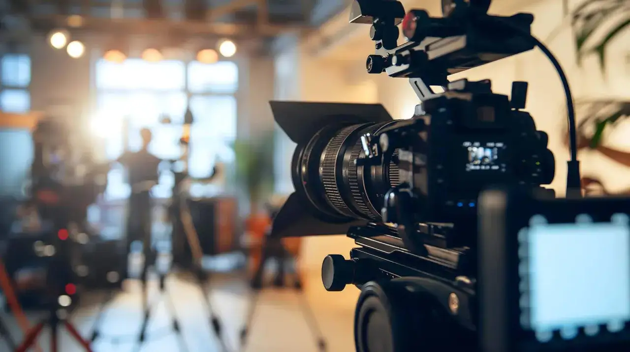 Primer plano de una c&aacute;mara de cine profesional, similar a una Canon XF605, lista para filmar en un estudio con luces y equipo de fondo.