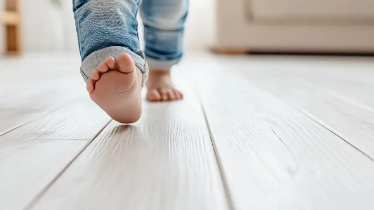 Dziecko stawia pierwsze kroki na ciepłej podłodze. Czy ogrzewanie podłogowe jest zdrowe? Tak, zapewnia komfort i wspiera rozwój stóp.