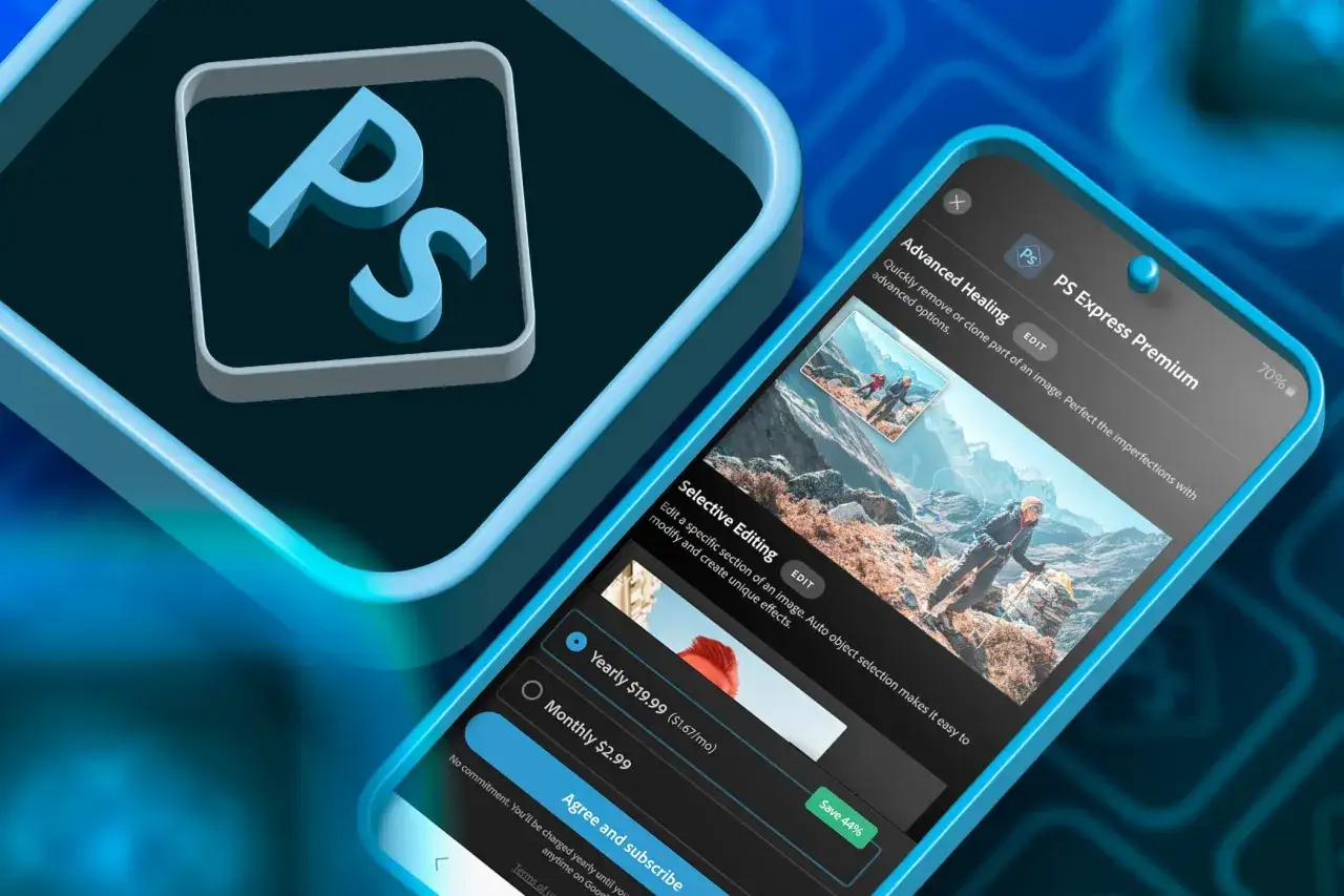 Logo PS Express na ekranie telefonu. Edycja zdjęć w aplikacji, opcje subskrypcji.