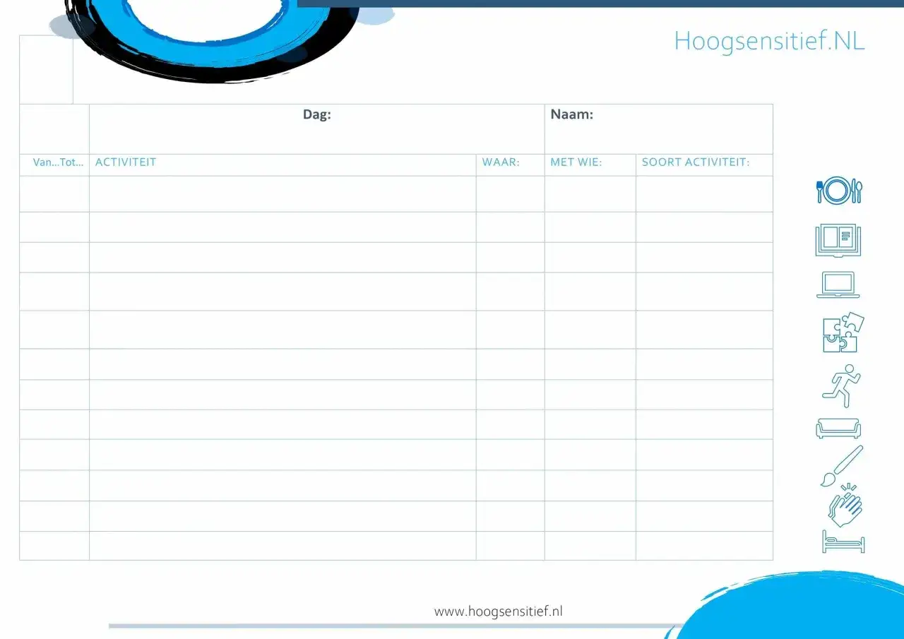 Een schema om je dag te plannen en te analyseren, handig voor omgaan met hooggevoeligheid. Noteer activiteiten, locaties en gezelschap.
