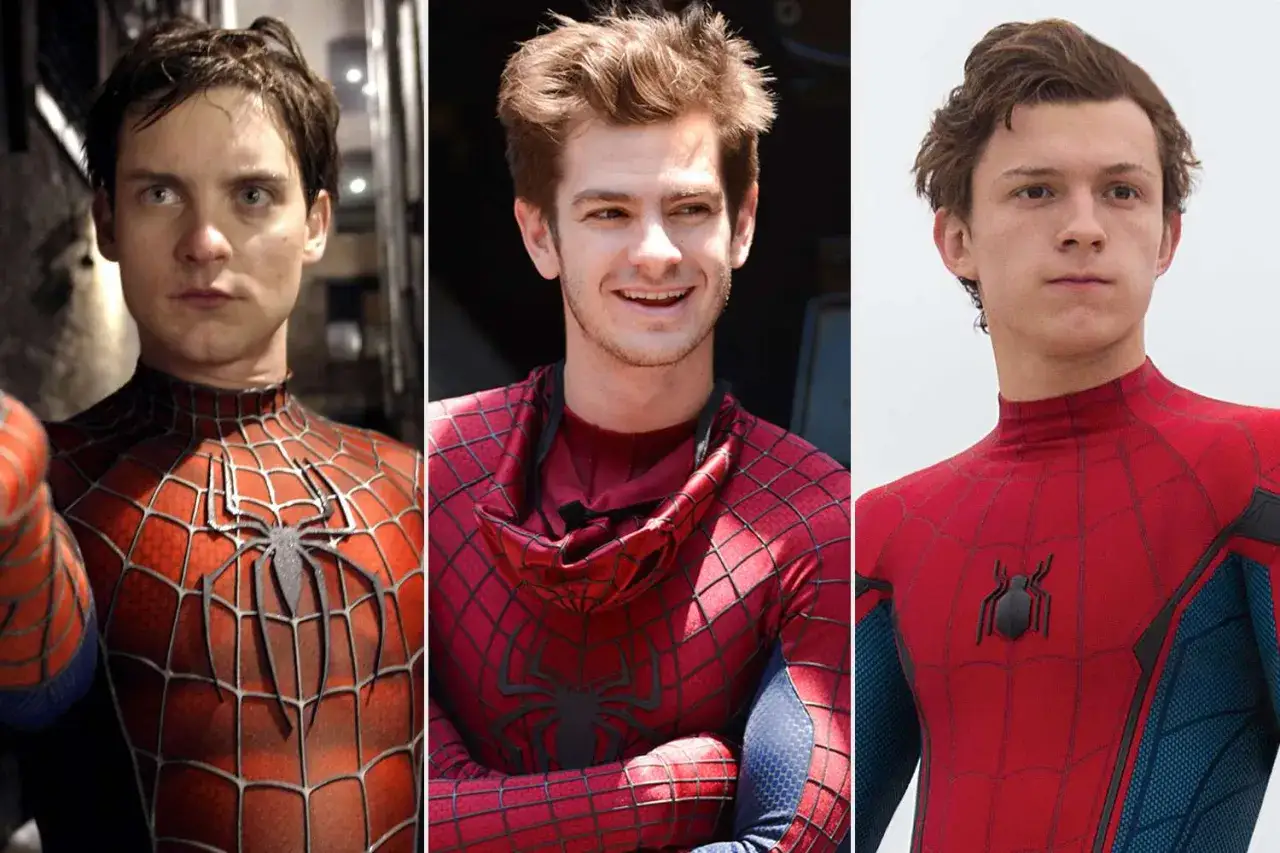 Trzej aktorzy w kostiumach Spider-Mana: Tobey Maguire, Andrew Garfield i Tom Holland. Ikony filmów o Spider-Manie.