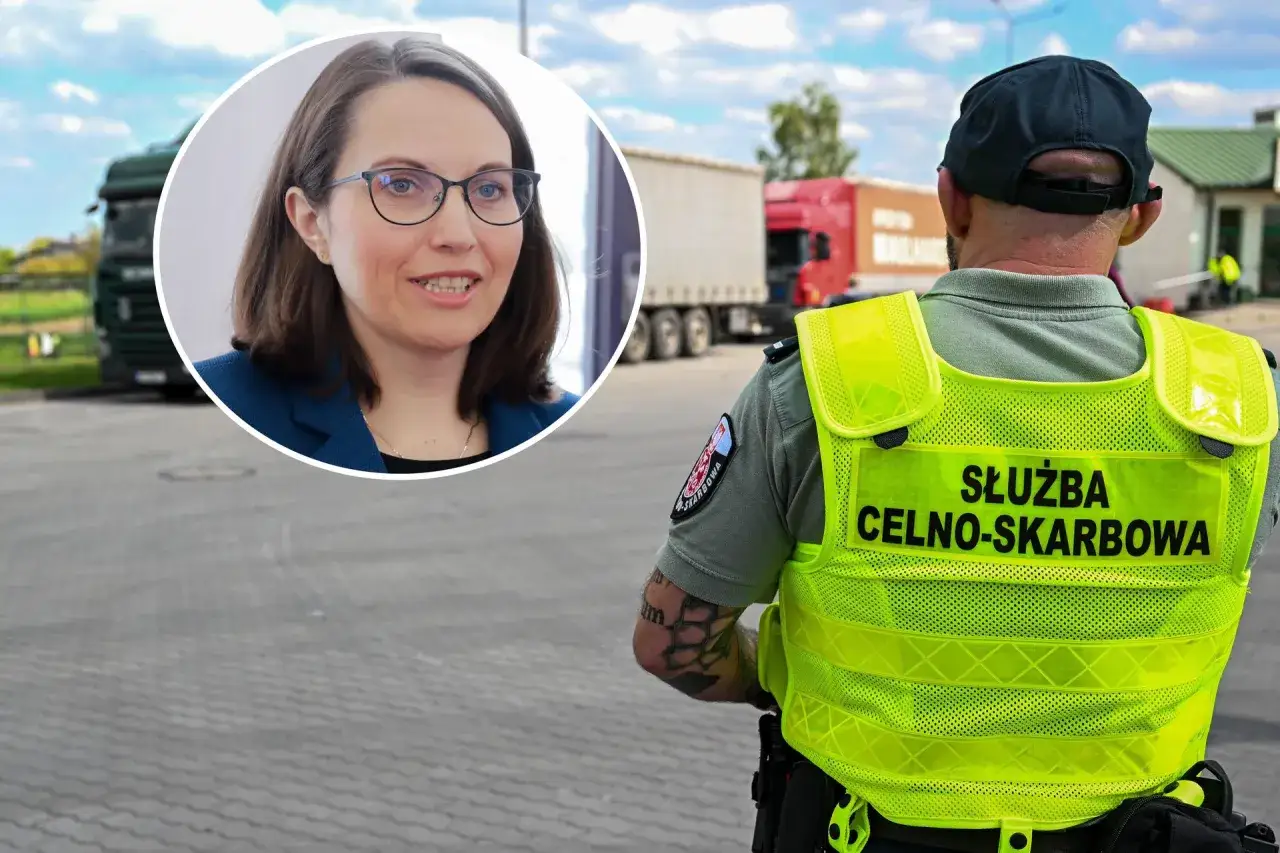 Celnik w kamizelce odblaskowej stoi na tle przejścia granicznego z ciężarówkami. W okręgu kobieta w okularach.