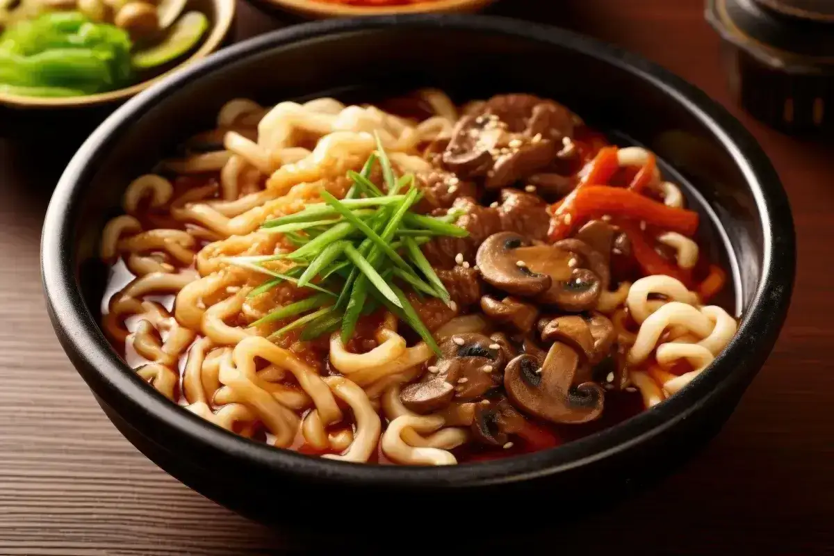 Pyszny makaron udon z grzybami, mięsem i szczypiorkiem. Idealny przepis na szybki obiad.