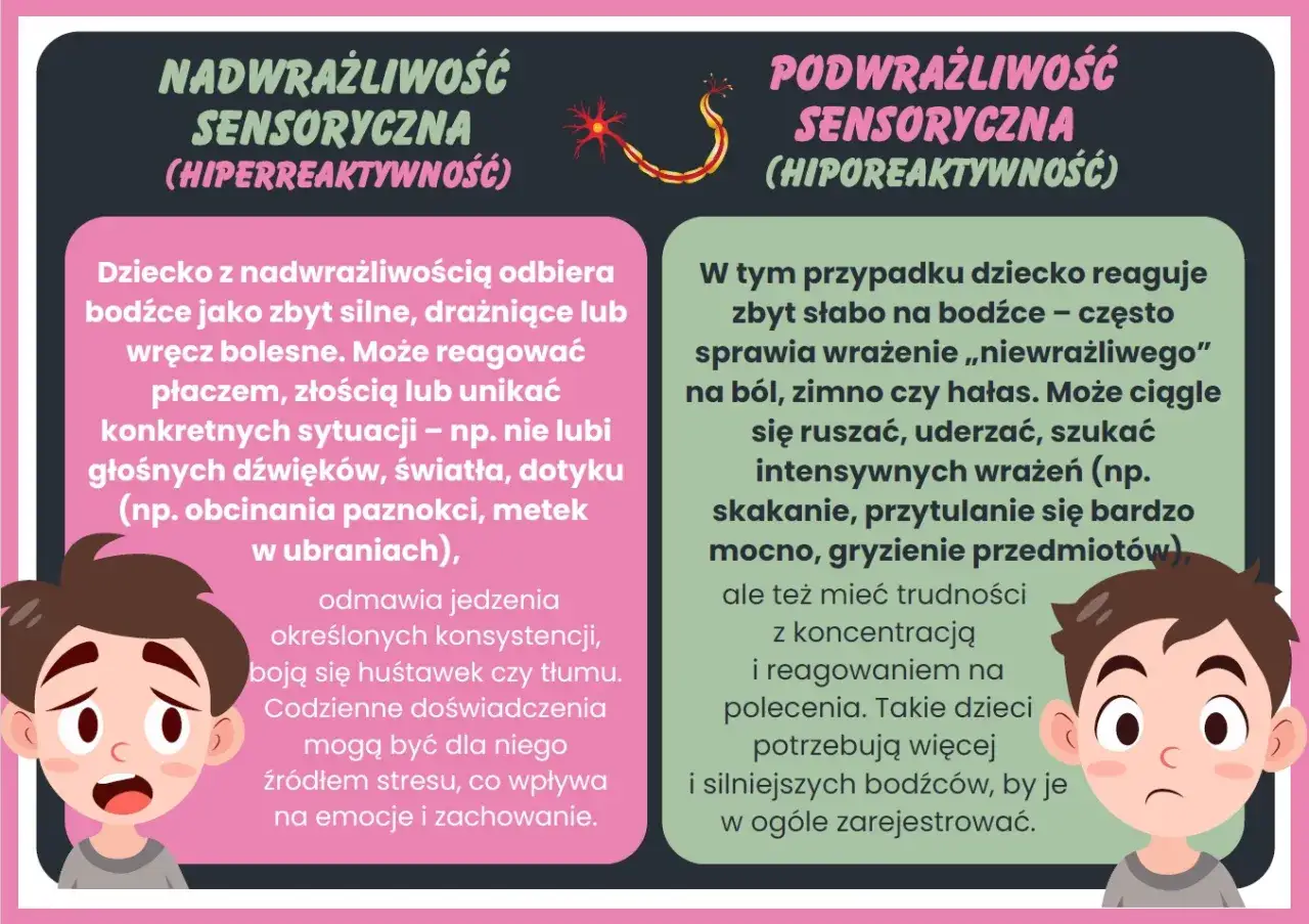 Nadwrażliwość sensoryczna u dzieci: nadmierna reakcja na bodźce, stres. Podwrażliwość: słaba reakcja, potrzeba silniejszych bodźc&oacute;w.
