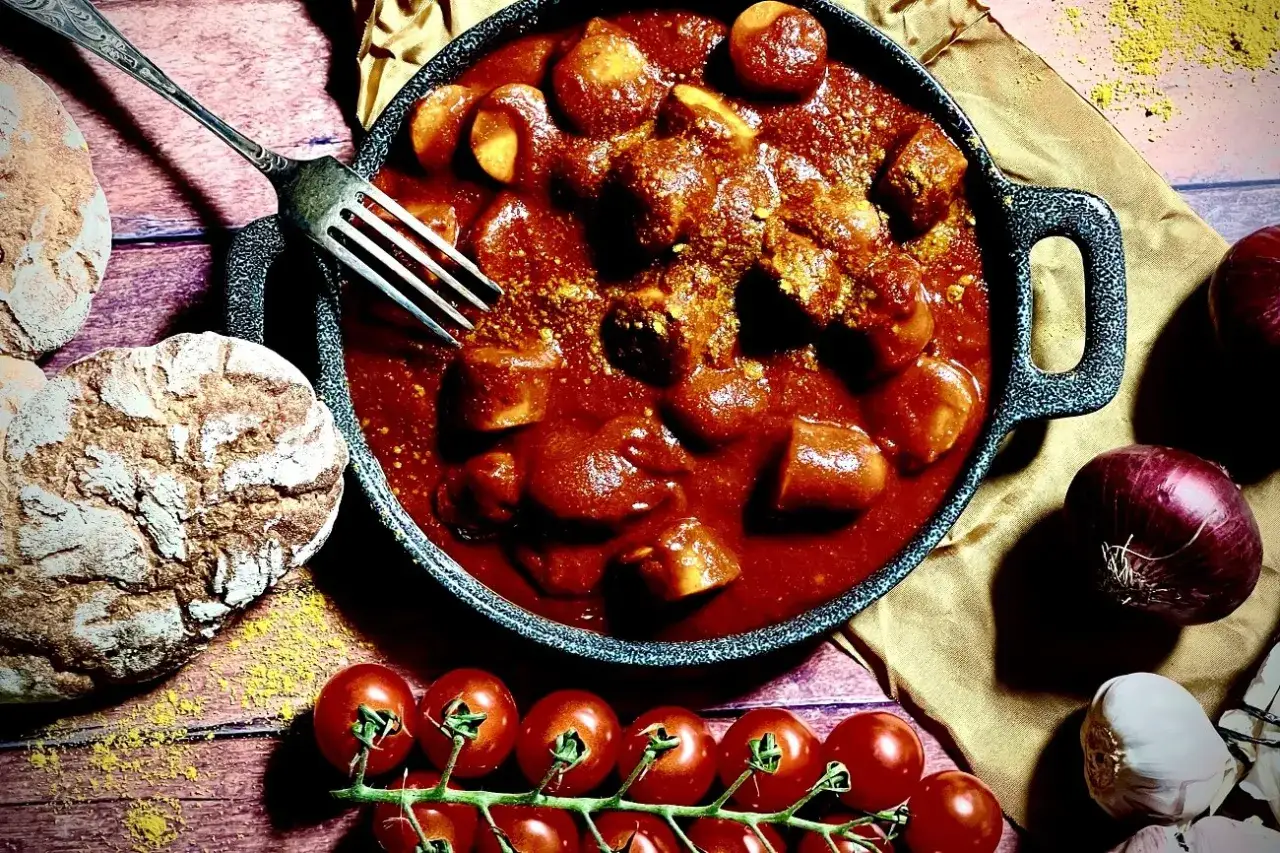 Herzhafte Currywurst in einer Gusseisenpfanne, serviert mit Brot und Tomaten. Ein deftiges Gericht aus dem Dutch Oven.