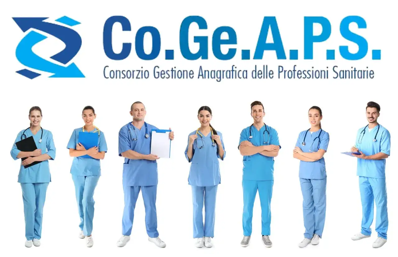 Il team Co.Ge.A.P.S. di cogeaps infermieri, con camici azzurri e stetoscopi, pronto ad assistere.