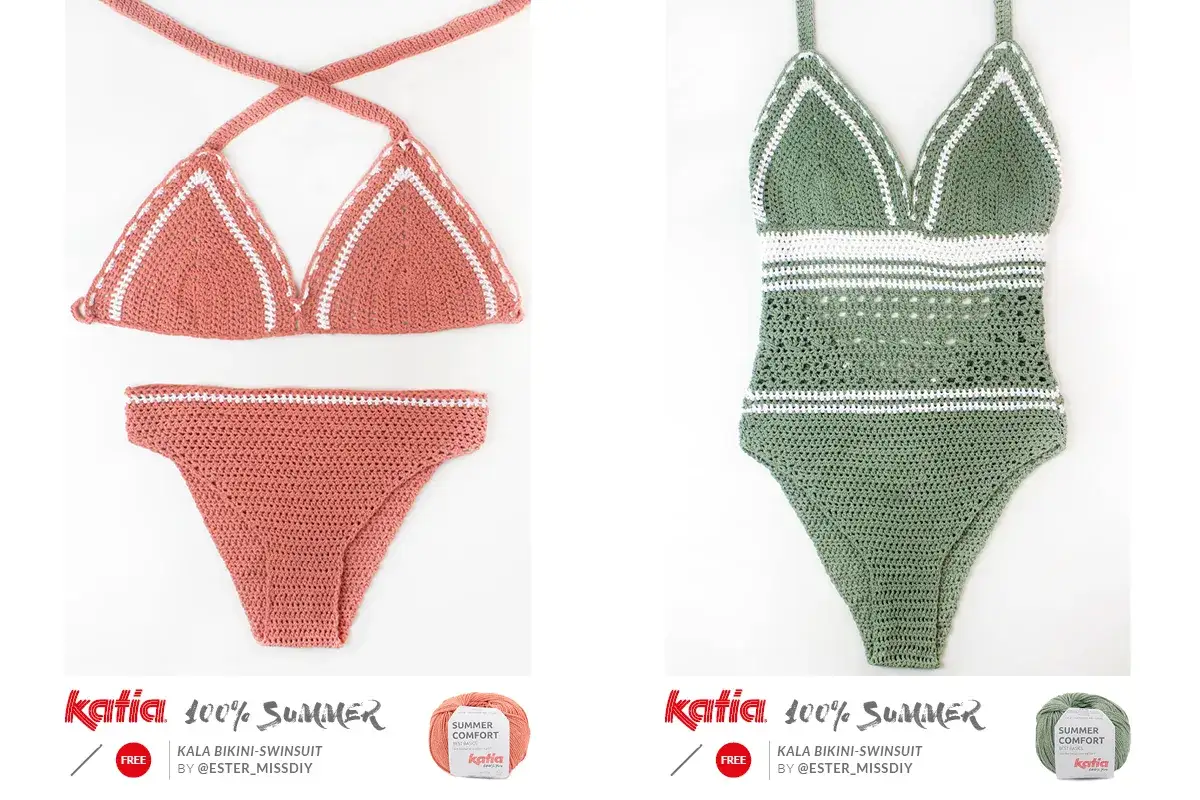 Schema costume uncinetto: bikini corallo e intero verde, entrambi con dettagli bianchi. Perfetti per l'estate!