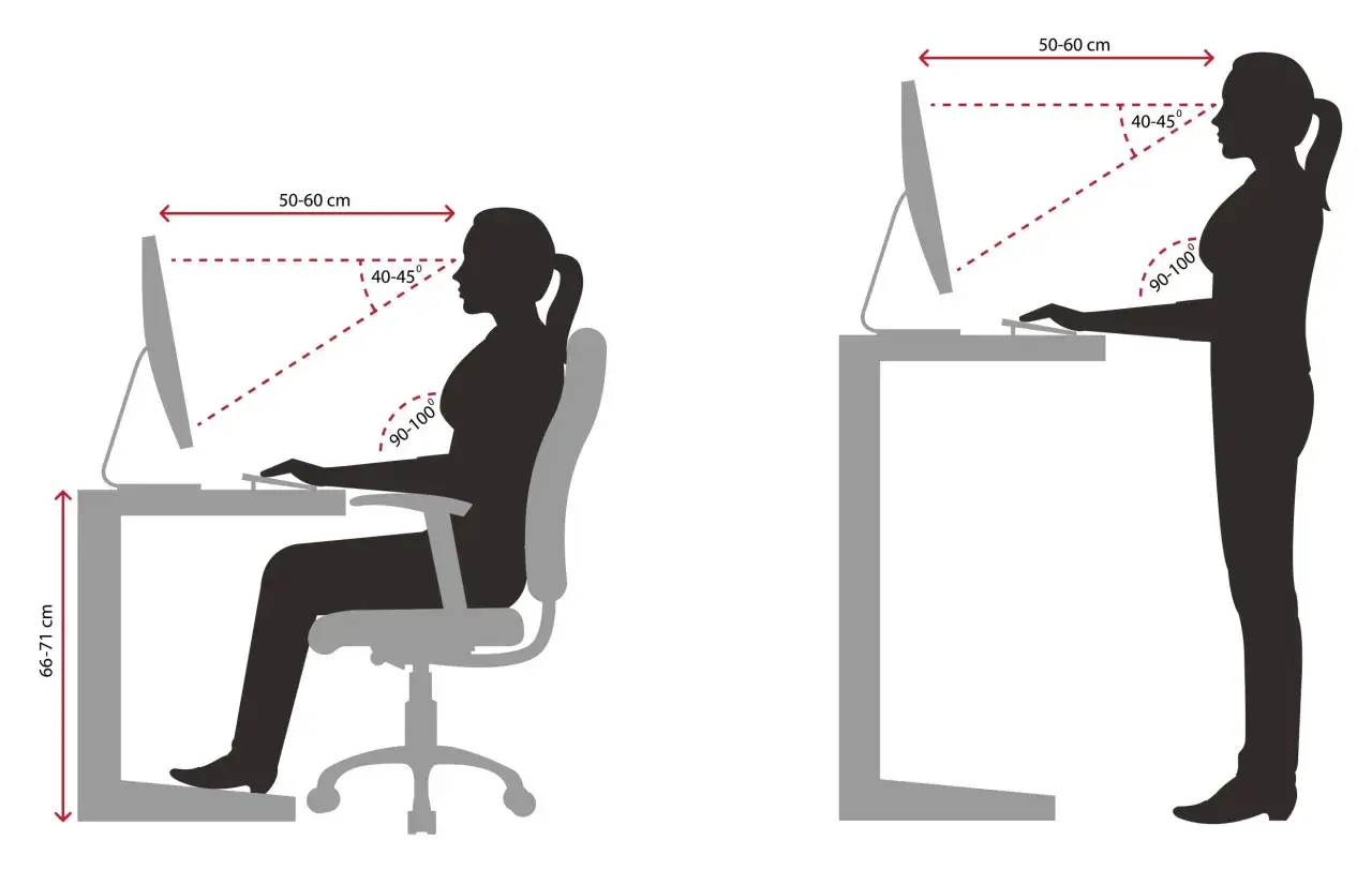 Ergonomische Haltung am Arbeitsplatz: Sitzend und stehend, mit Hinweisen zu Abstand und Blickwinkel. Das Gesetz zur Bildschirmpause wird hier visuell umgesetzt.