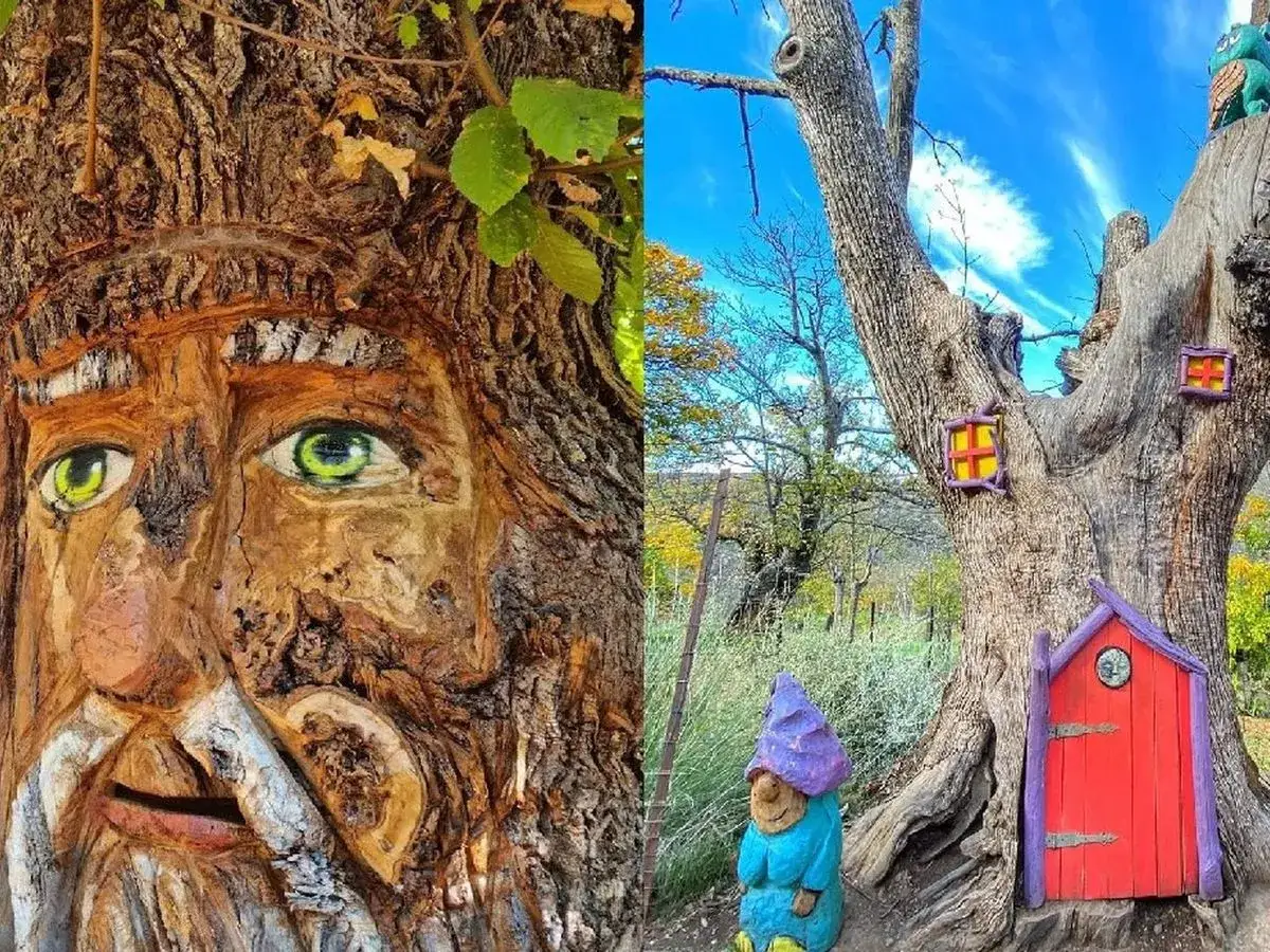 Ruta del bosque encantado: un rostro de árbol con ojos verdes y un gnomo junto a una casa de árbol con puerta roja.