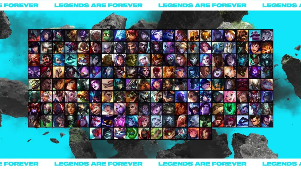 Siatka z portretami postaci z gry League of Legends. Ile jest postaci w lolu? Ponad 160!