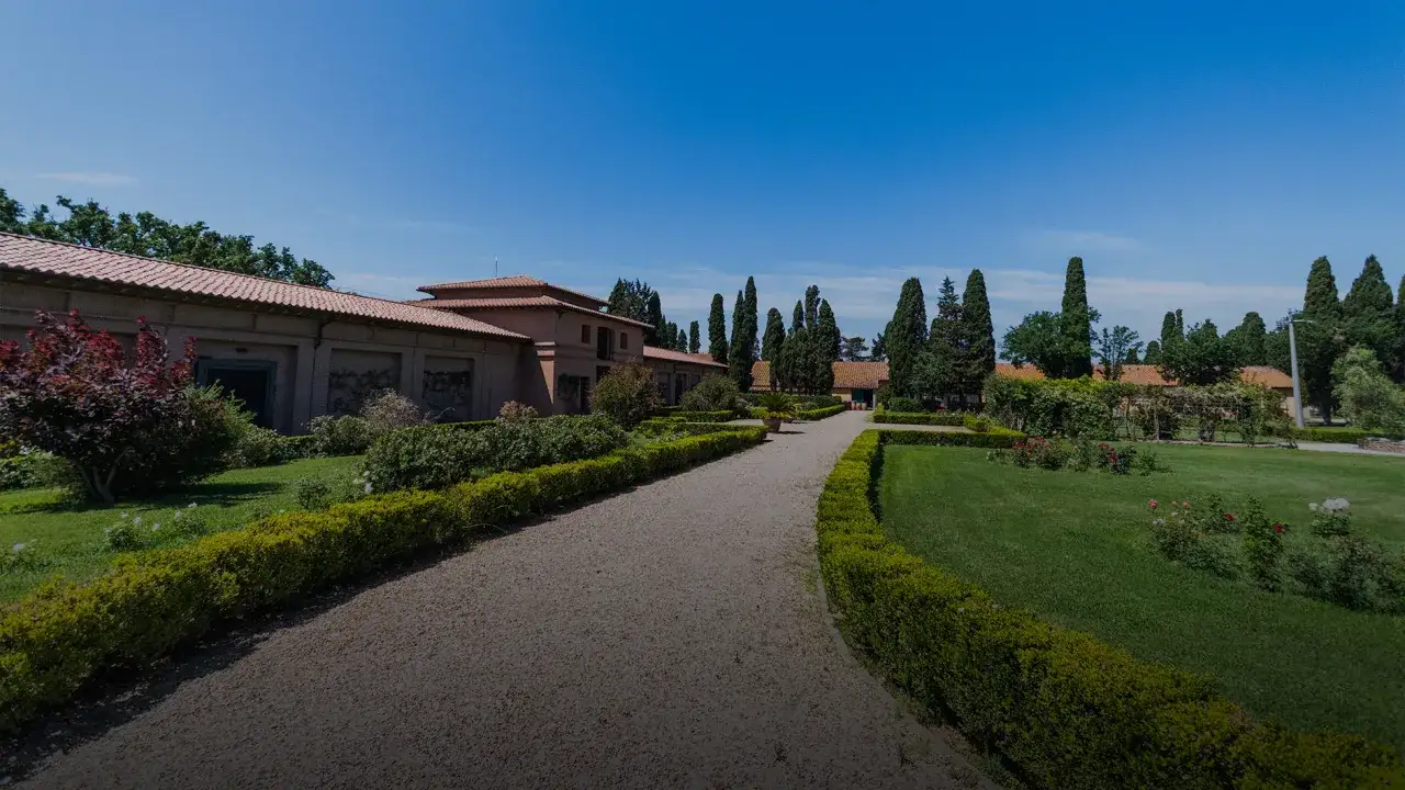Viali curati e giardini fioriti nella Tenuta San Guido, un luogo dove il proprietario ha creato un'oasi di pace.