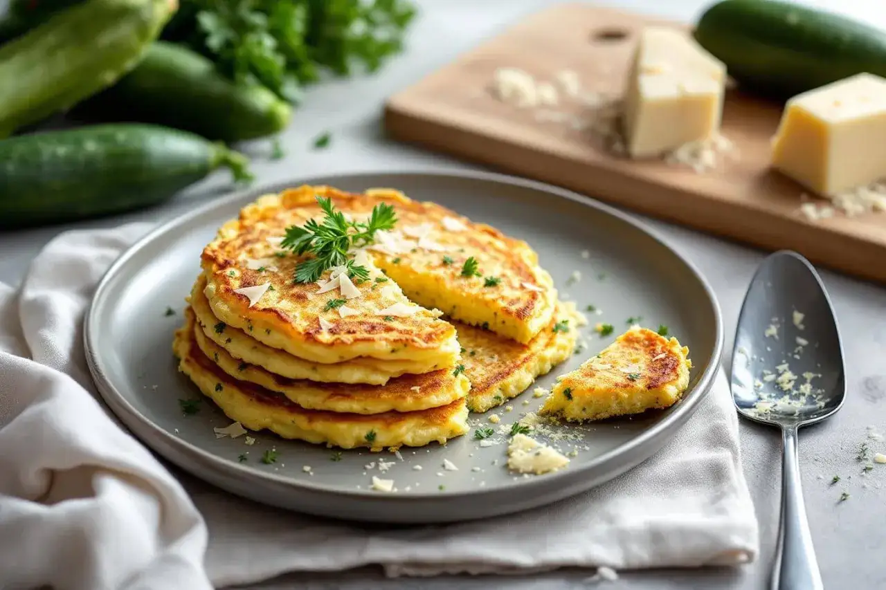 Pile de galettes de courgette dor&eacute;es, garnies de persil frais et de copeaux de parmesan. Des courgettes et du fromage sont visibles en arri&egrave;re-plan.