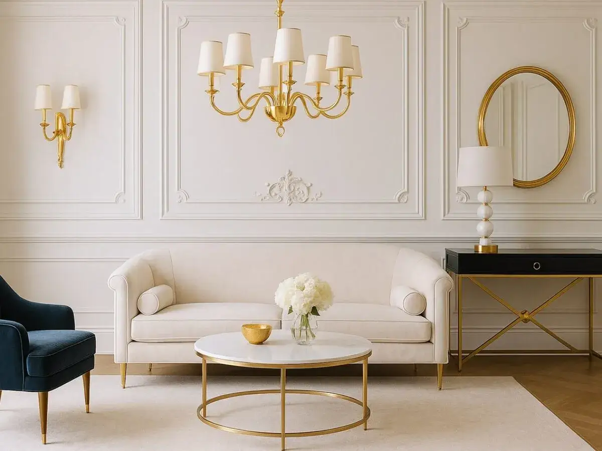 Elegancki salon w stylu mieszkania glamour. Kremowa sofa, granatowy fotel, marmurowy stolik i złote dodatki tworzą luksusową atmosferę.