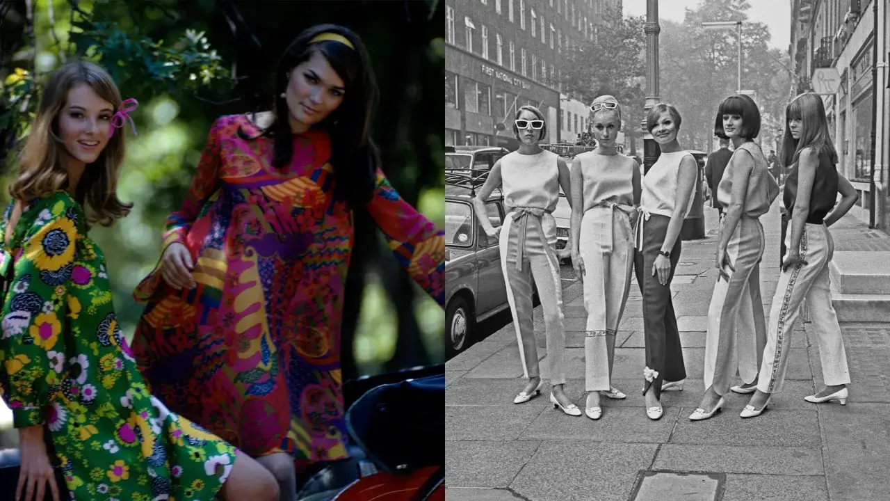 Två collage visar 1960-talets mode: färgglada klänningar i naturen och eleganta byxdressar på stadsgata.