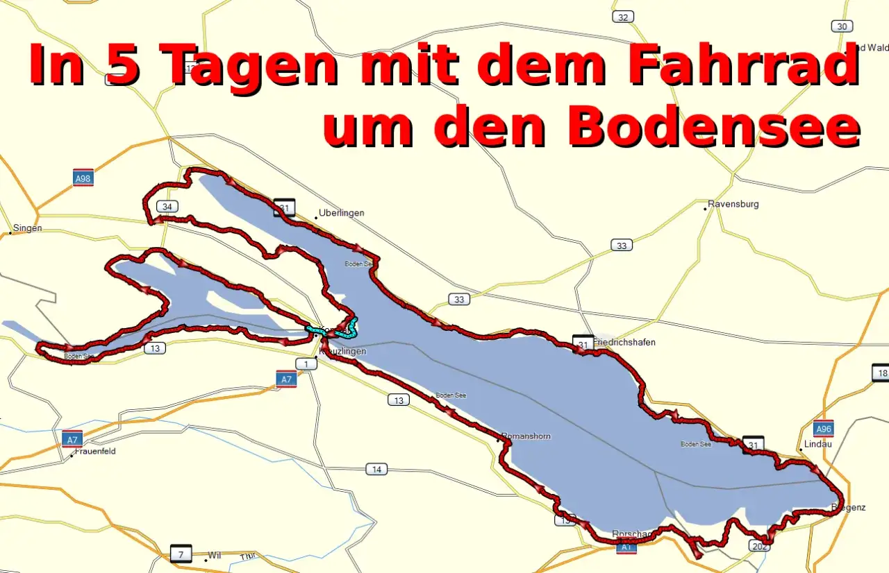 Karte zeigt eine Fahrradroute um den Bodensee, mit Friedrichshafen als einem der Orte.