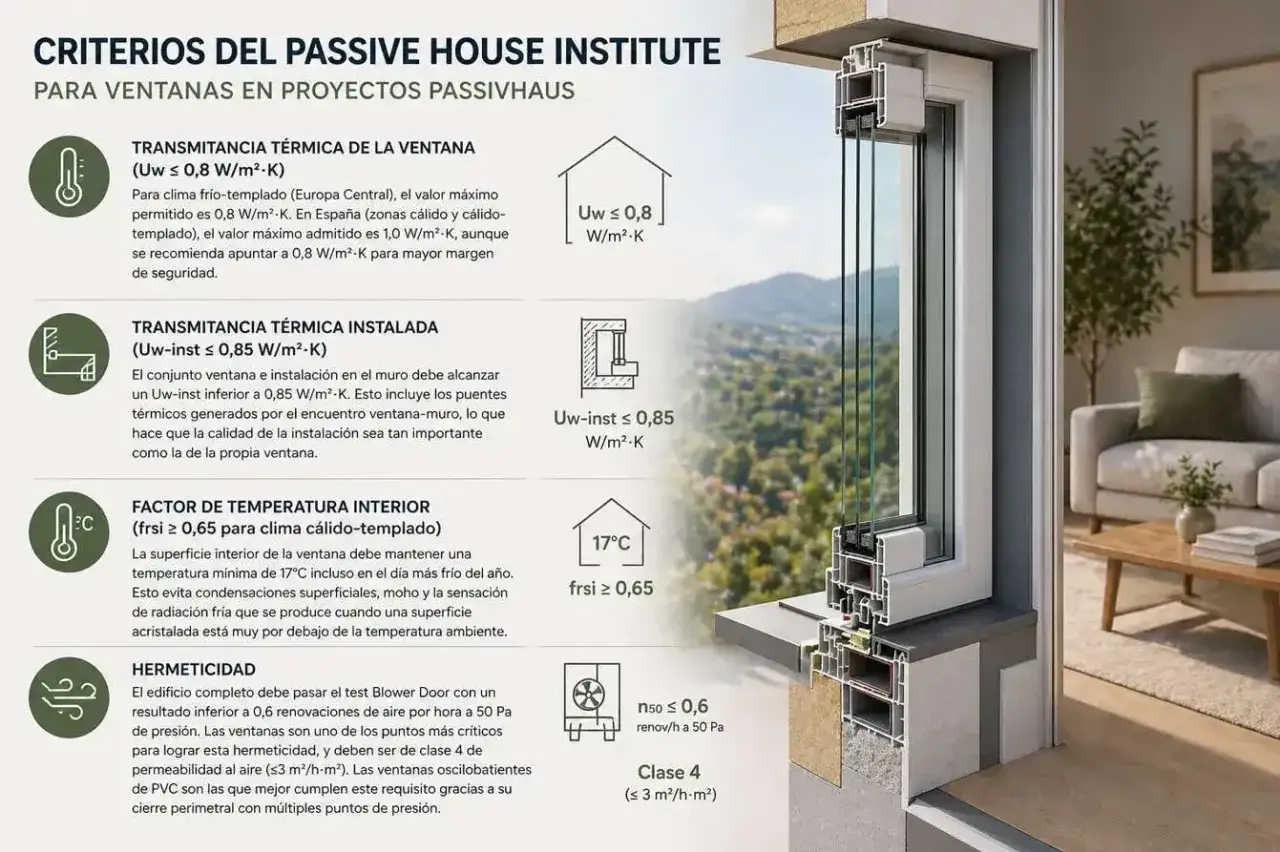 Detalle de ventanas passivhaus: Uw &le; 0,8 W/m&sup2;-K, Uw-inst &le; 0,85 W/m&sup2;-K, frsi &ge; 0,65 y hermeticidad Clase 4.