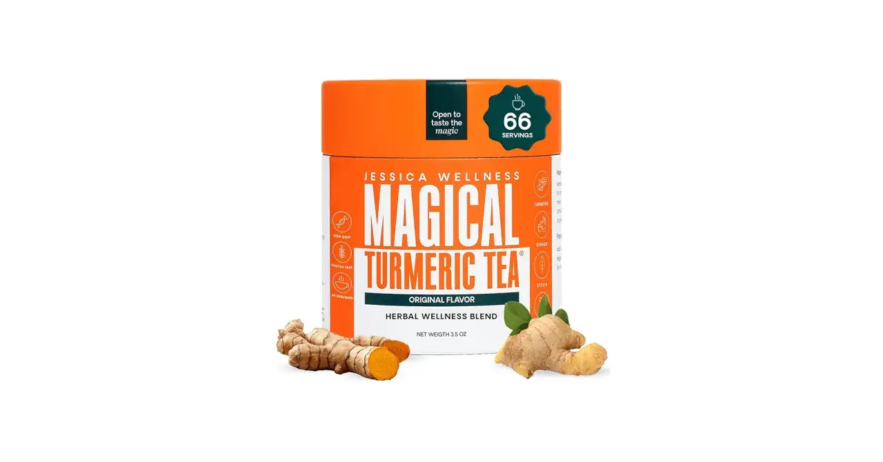 Ingwer-Kurkuma Tee abends trinken für Wohlbefinden. Jessica Wellness Magical Turmeric Tea mit frischem Ingwer und Kurkuma.