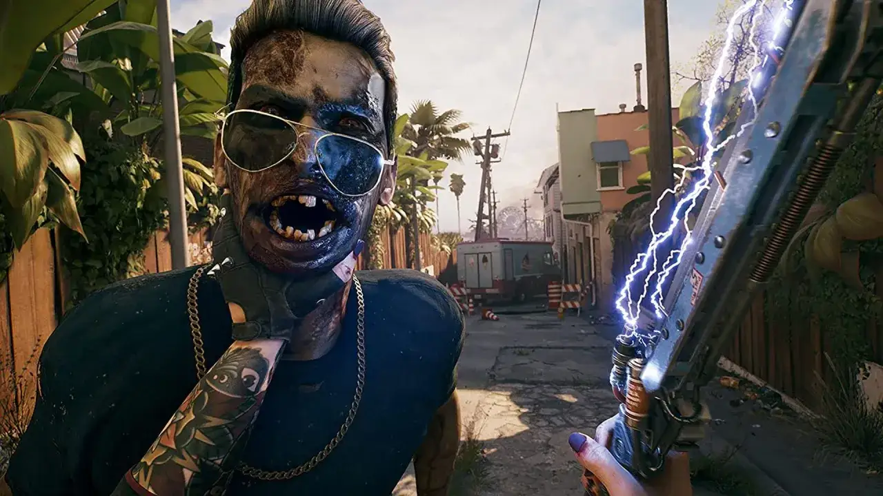 Gracz celuje w zombie z pistoletu elektrycznego, zbliżając się do zdobycia kolejnych trofeów w Dead Island 2.