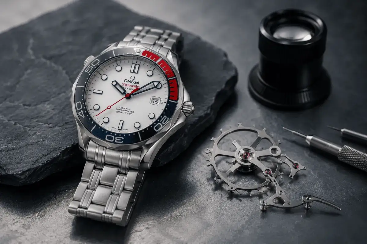Luksusowe rodzaje zegarków: srebrny Omega Seamaster z białą tarczą, czerwonymi i niebieskimi akcentami, obok mechanizmu i narzędzi zegarmistrzowskich.
