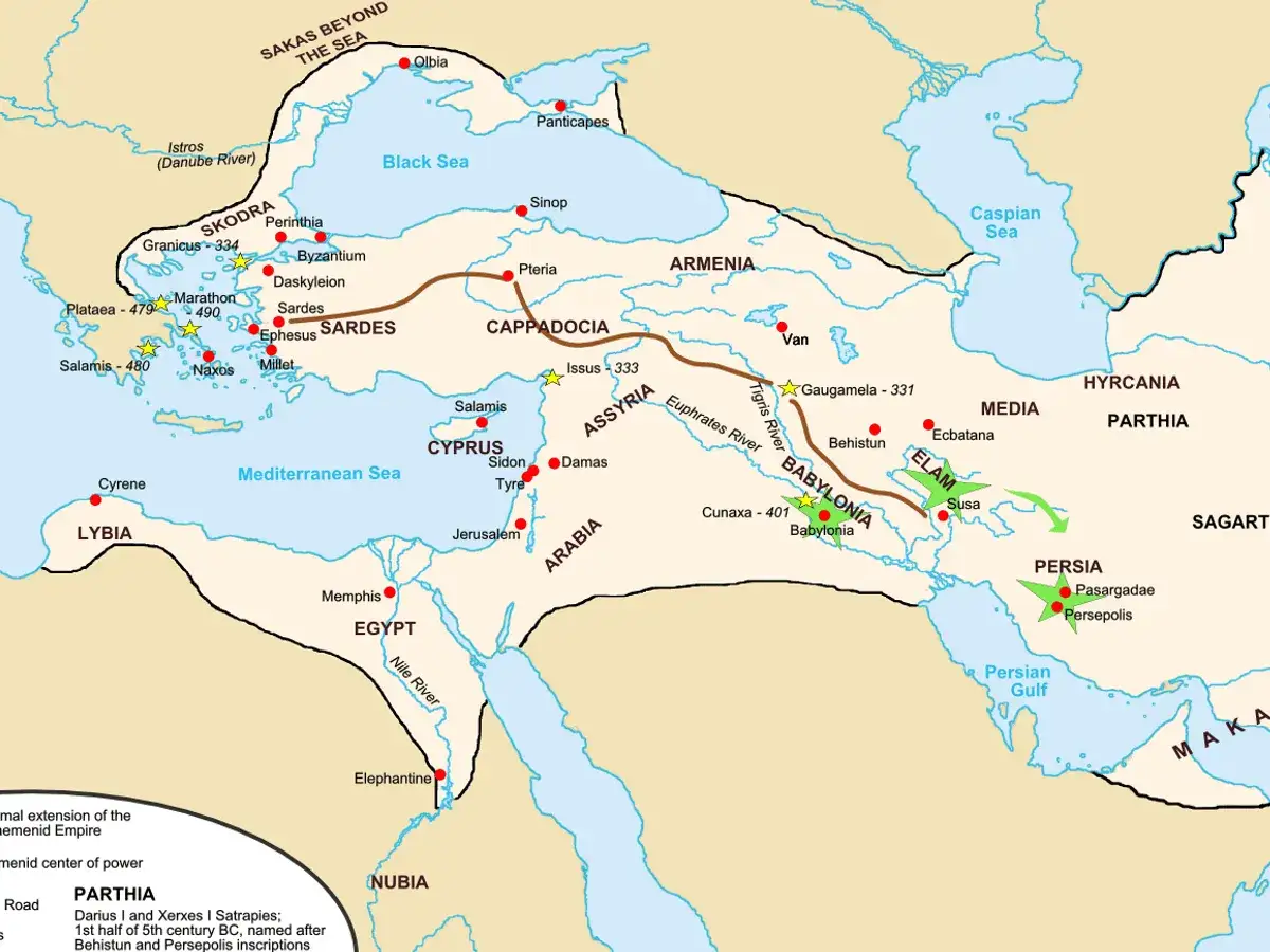 Mapa starożytnego imperium perskiego z zaznaczonymi miastami i drogami. Widoczne są główne ośrodki władzy, takie jak Persepolis, oraz tereny podbite przez Persję.