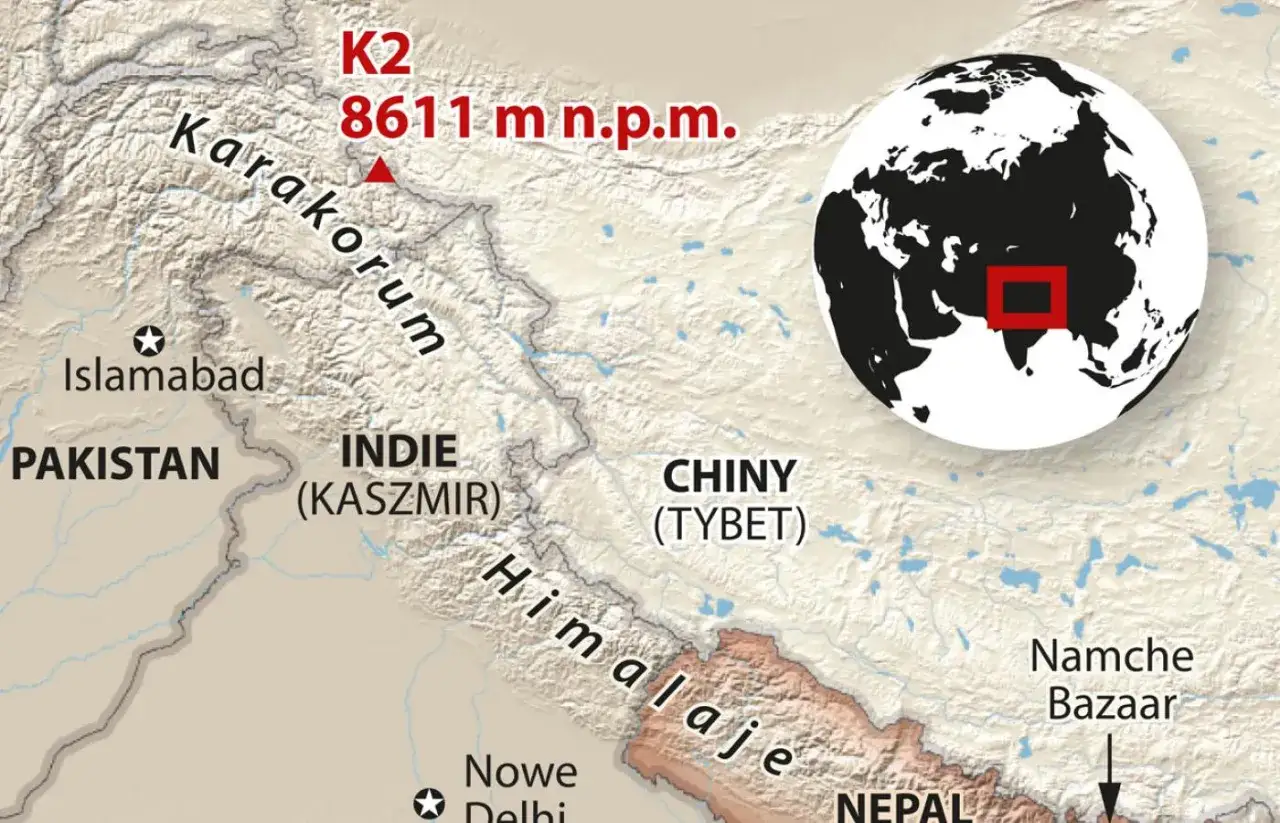 K2, gdzie jest? Na mapie widać K2 w Karakorum, 8611 m n.p.m., między Pakistanem, Indiami (Kaszmir) i Chinami (Tybet).