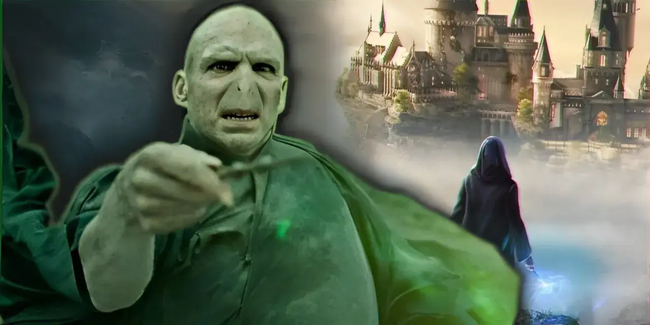 Voldemort celuje różdżką, grożąc zaklęciem avada kedavra. W tle widać Hogwart i postać w kapturze.