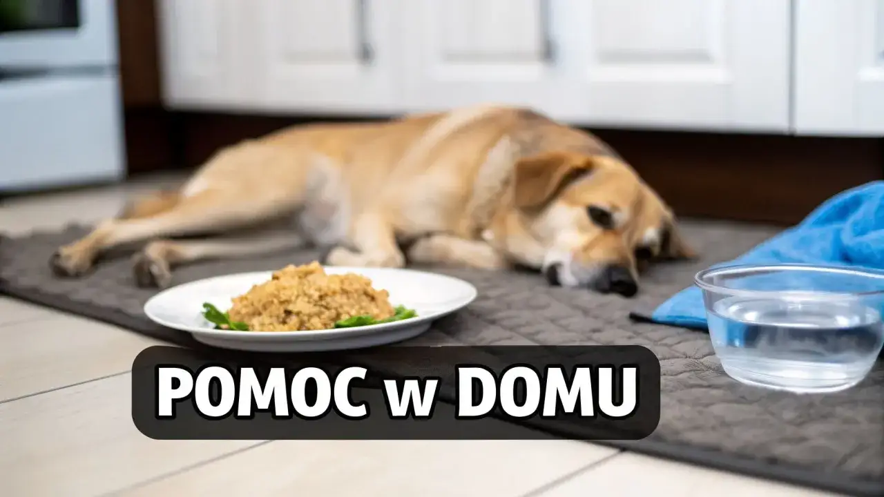 Chory pies leży obok miski z wodą i talerza z ryżem. Domowe sposoby na rozwolnienie u psa.