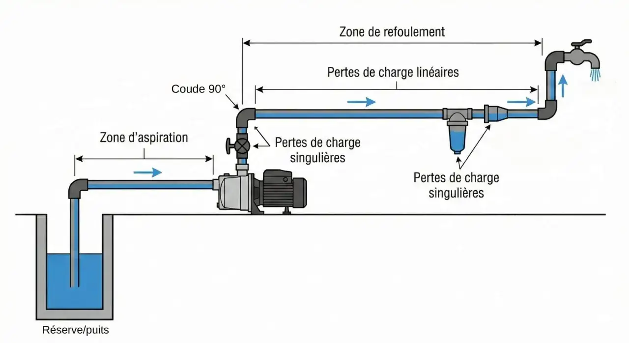 Schéma illustrant le fonctionnement d'une pompe de piscine, avec zones d'aspiration et de refoulement, pertes de charge et un robinet. Utile pour choisir pompe piscine.