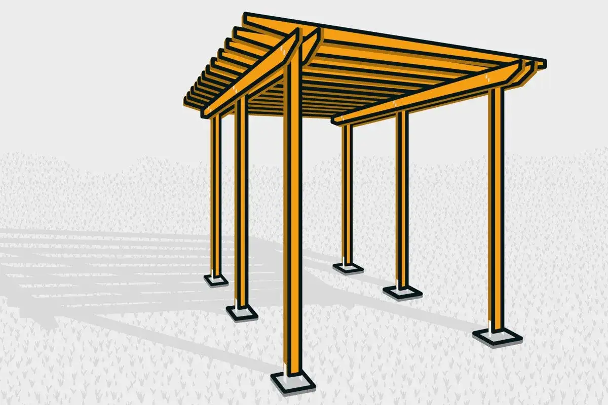 En illustration av en orange pergola med svarta detaljer, redo att bygga. Den står på en grå bakgrund med skuggor.