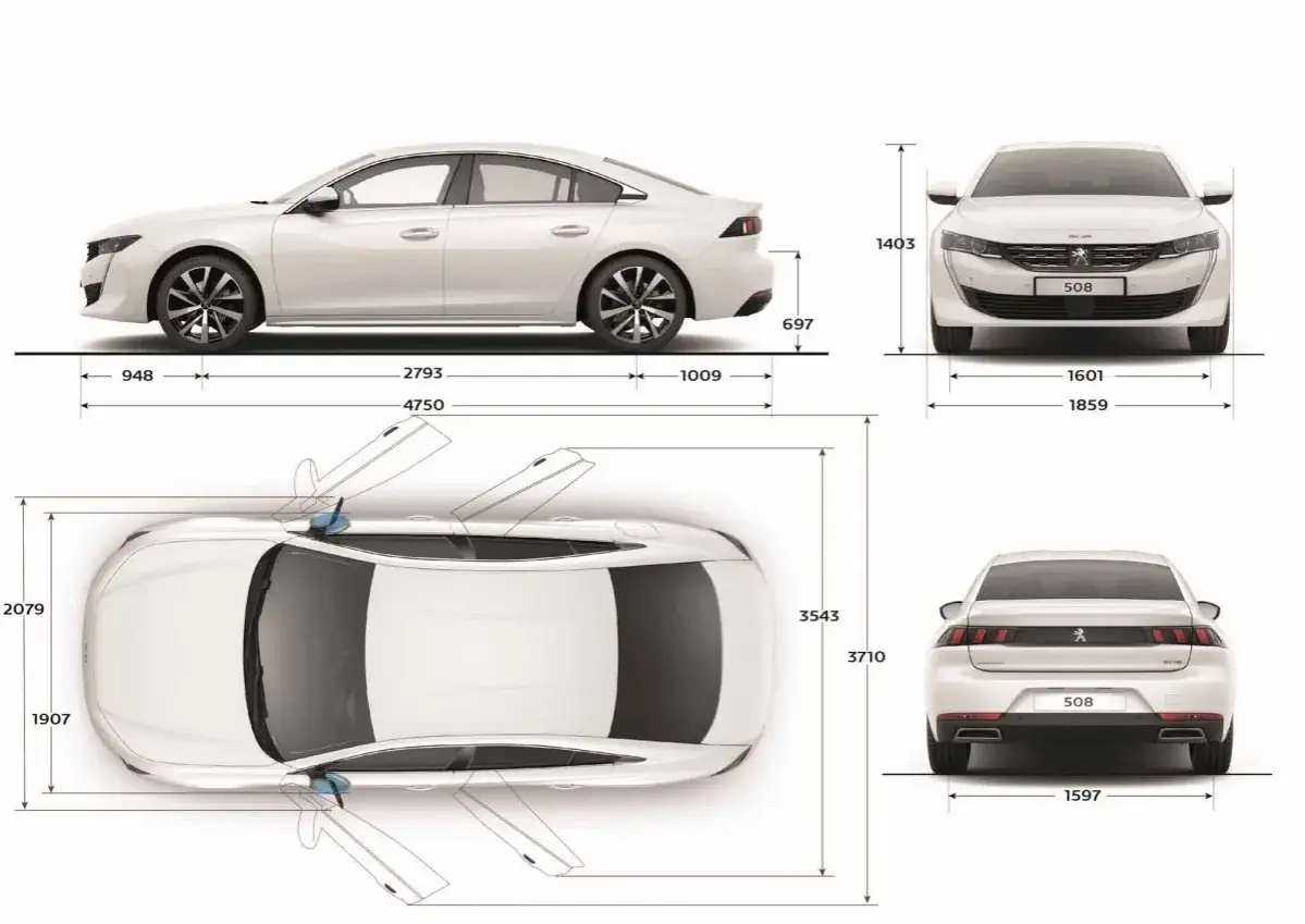 Peugeot 508 wymiary: widok z boku, przodu, tyłu i z góry z naniesionymi wymiarami. Długość 4750 mm, szerokość 1859 mm, wysokość 1403 mm.