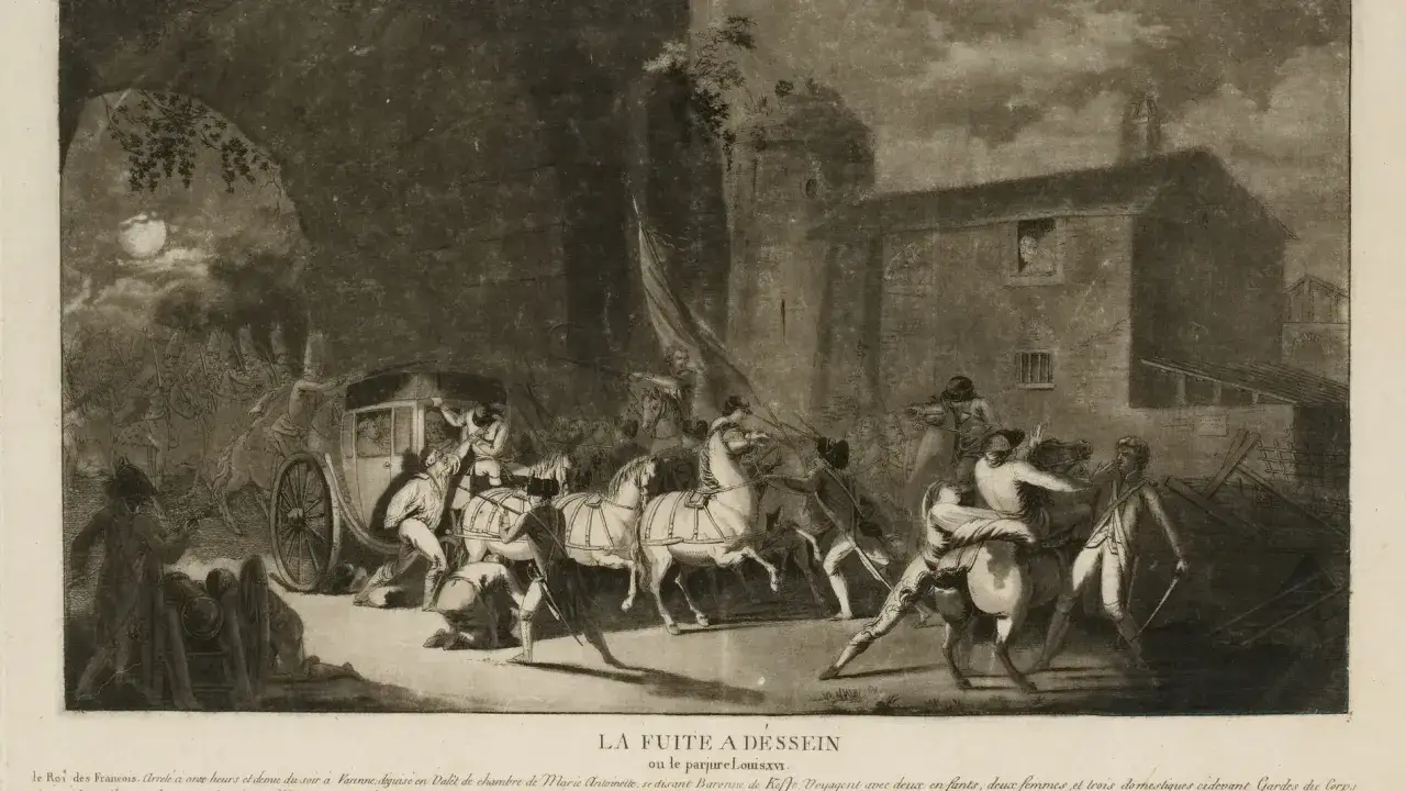 La fuga de Varennes: un carruaje detenido bajo la luna, hombres a caballo y soldados deteniendo a la familia real.