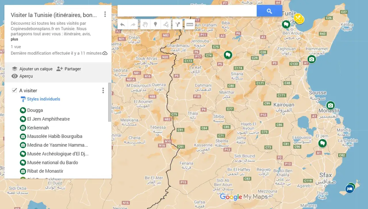 Carte interactive pour savoir où aller en Tunisie : sites, itinéraires, avis. Dougga, El Jem, Kairouan, Sousse, Monastir, Sfax...