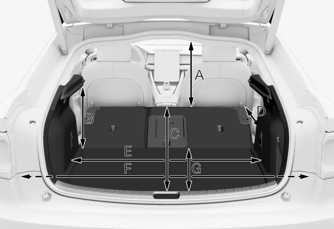 M&aring;tt f&ouml;r volvo v60 bagageutrymme. Bilden visar m&aring;ttband som indikerar h&ouml;jd, bredd och djup i det tomma utrymmet.