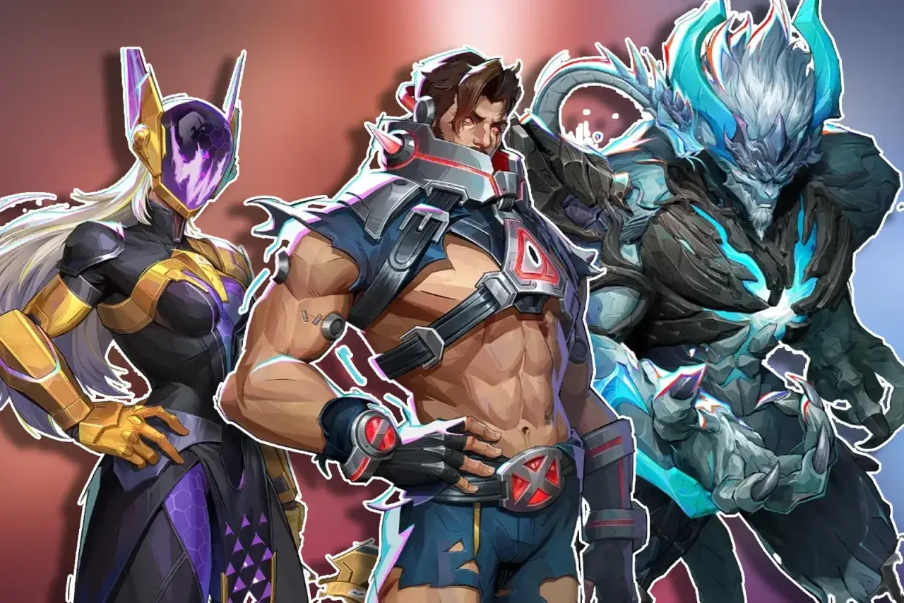 Personajes de Marvel Rivals: una mujer con armadura dorada y morada, un hombre musculoso con armadura plateada y un monstruo azul y gris. ¿Quién estará en la cima de la marvel rivals tier list?