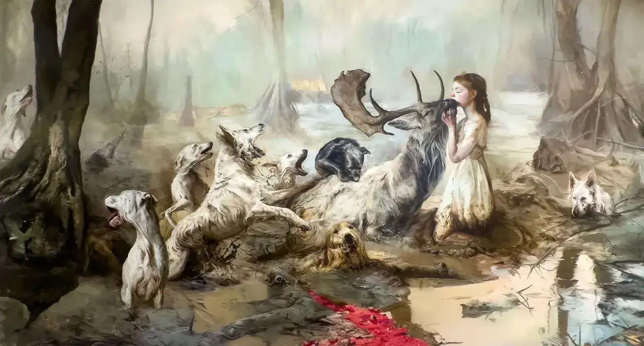 Ein Mädchen küsst einen Hirsch, während Hunde in einer nebligen Waldlandschaft angreifen. Ein Werk von Guillermo Lorca.